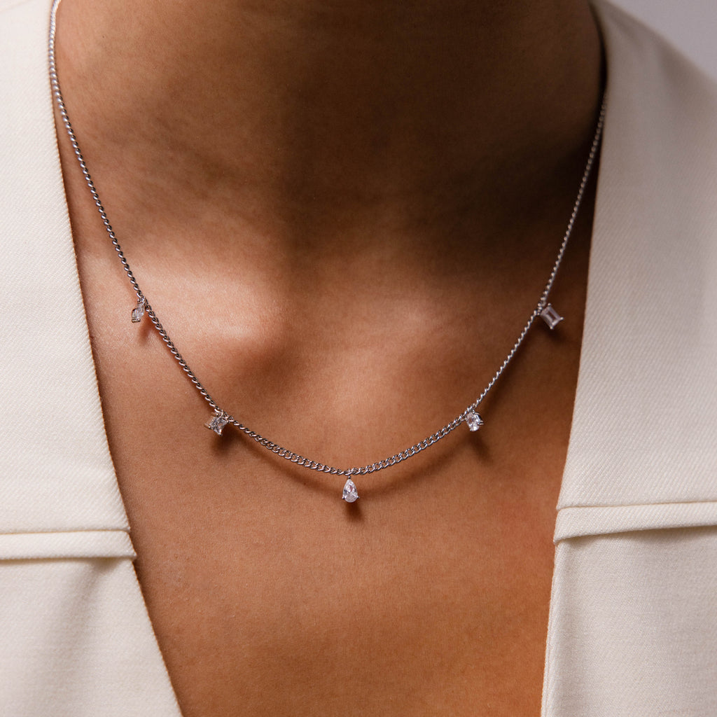Diamond Station Curb Necklace in Silver