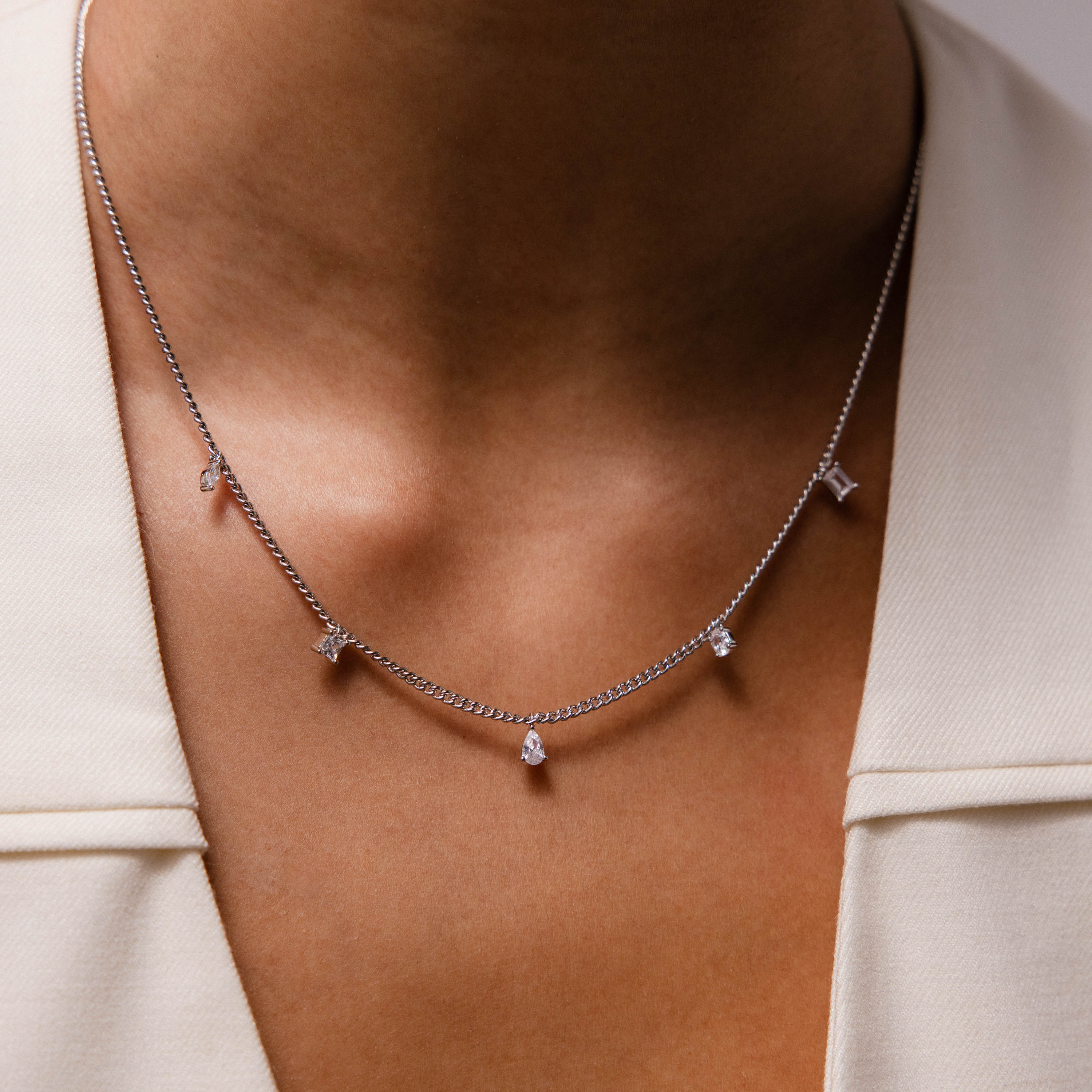 Diamond Station Curb Necklace in Silver