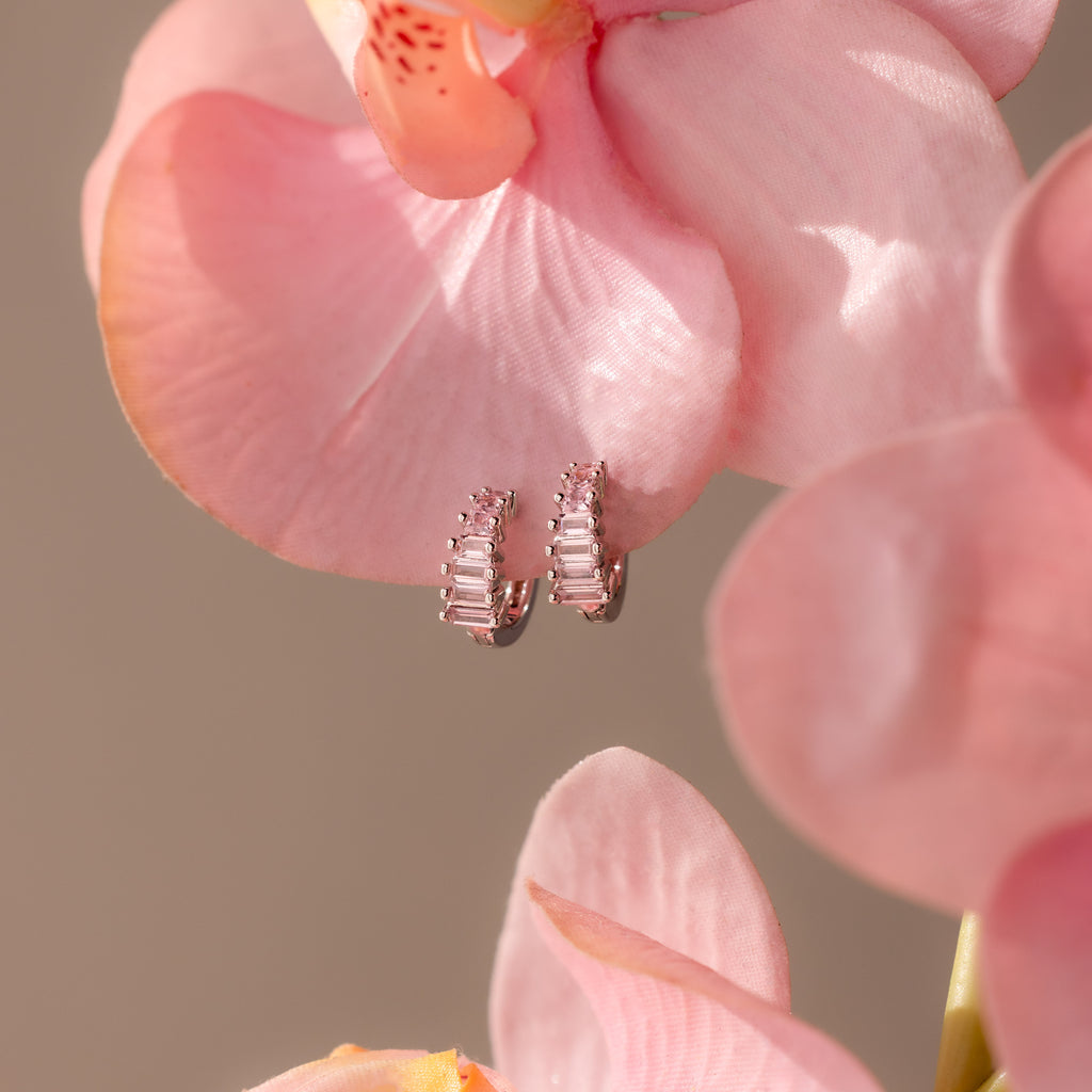 Rose Pink Art Deco Huggies in Silver