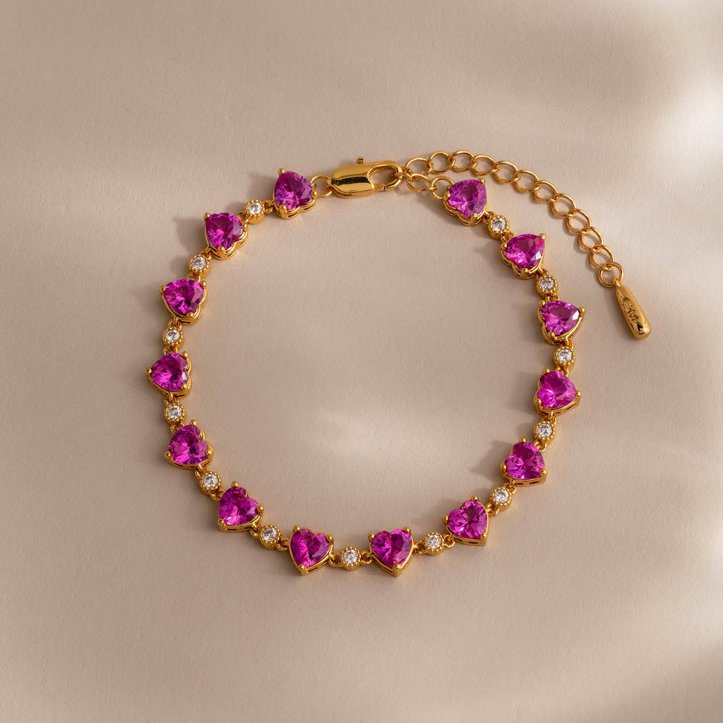 Pink Tourmaline Heart Tennis Bracelet in 18K Gold