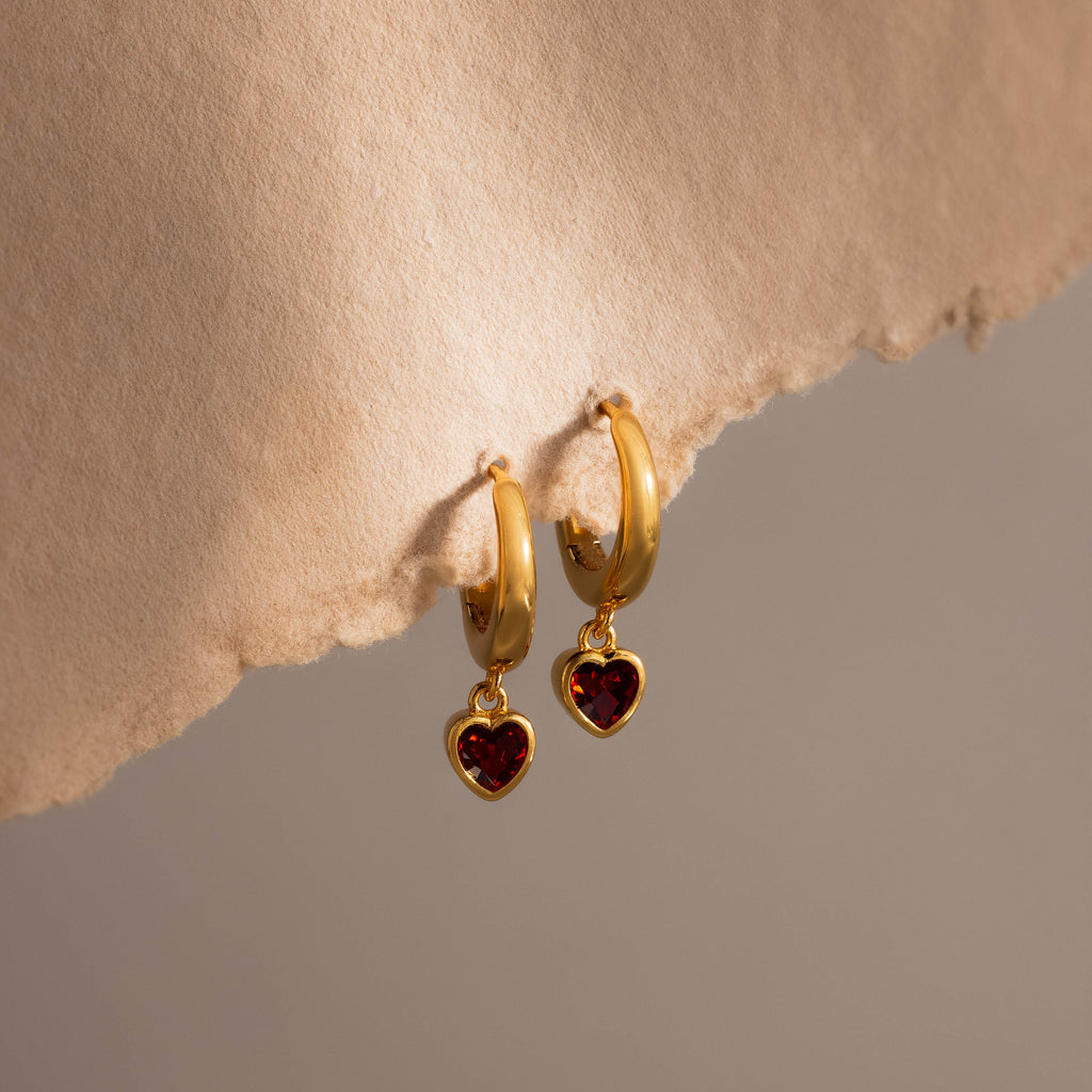 Dangling Garnet Heart Huggies in 18K Gold