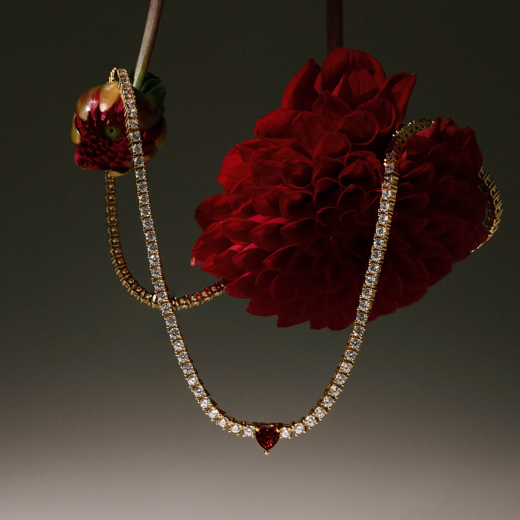 Garnet Heart Tennis Necklace in 18K Gold