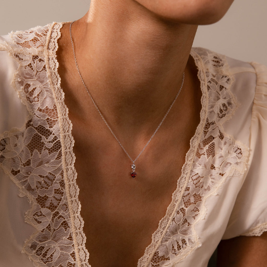 Garnet Heart Knot Necklace in Silver