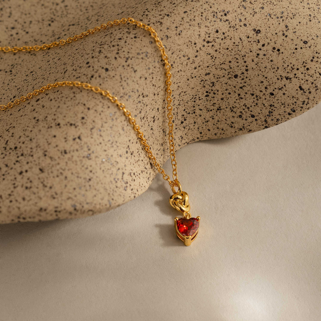 Garnet Heart Knot Necklace in 18K Gold