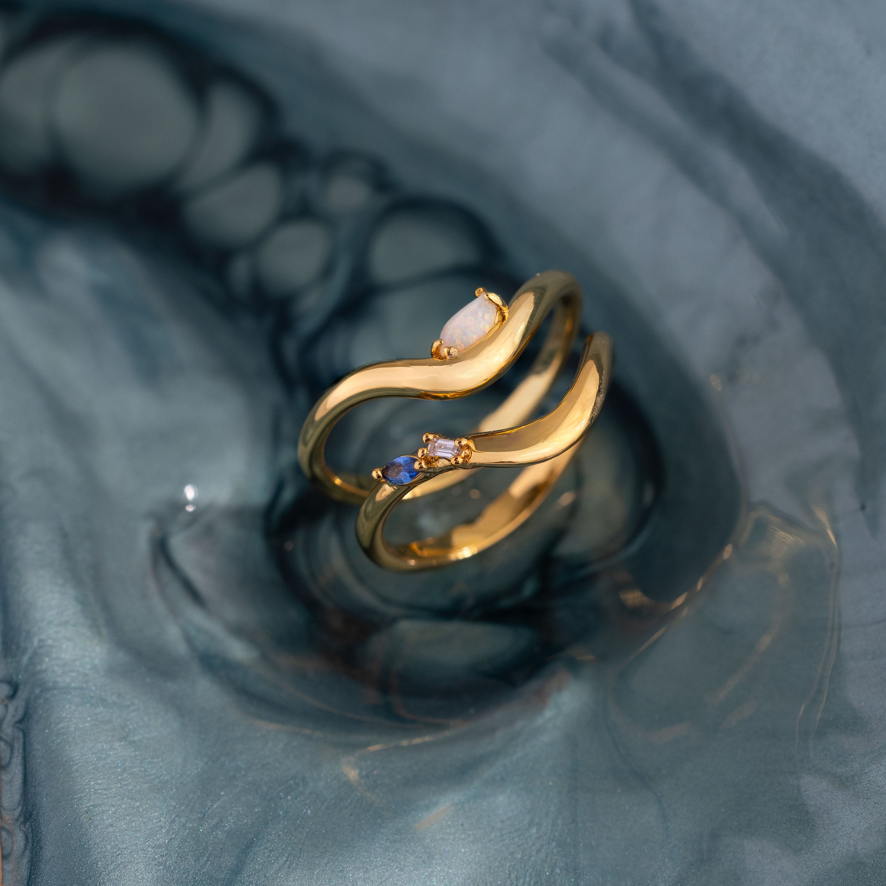 Mixed Gem Wave Ring Set