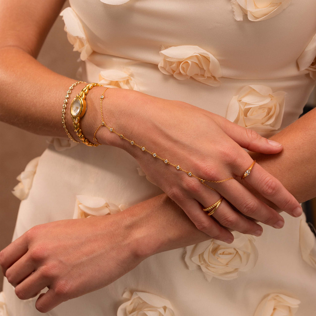 Beaded Diamond Hand Chain Bracelet in Silver