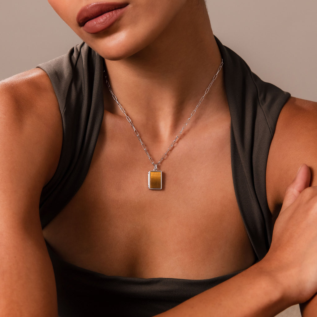 Tiger's Eye Locket Necklace in Silver