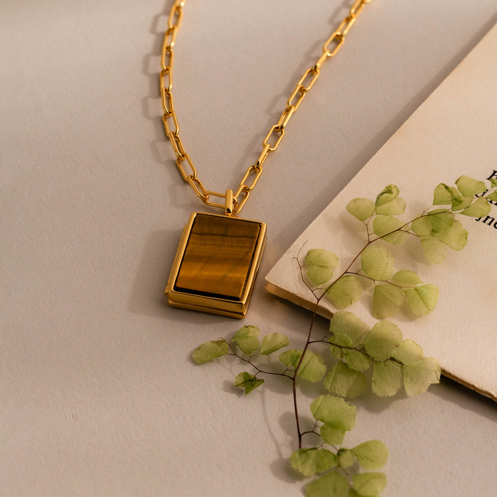 Tiger's Eye Locket Necklace in 18K Gold