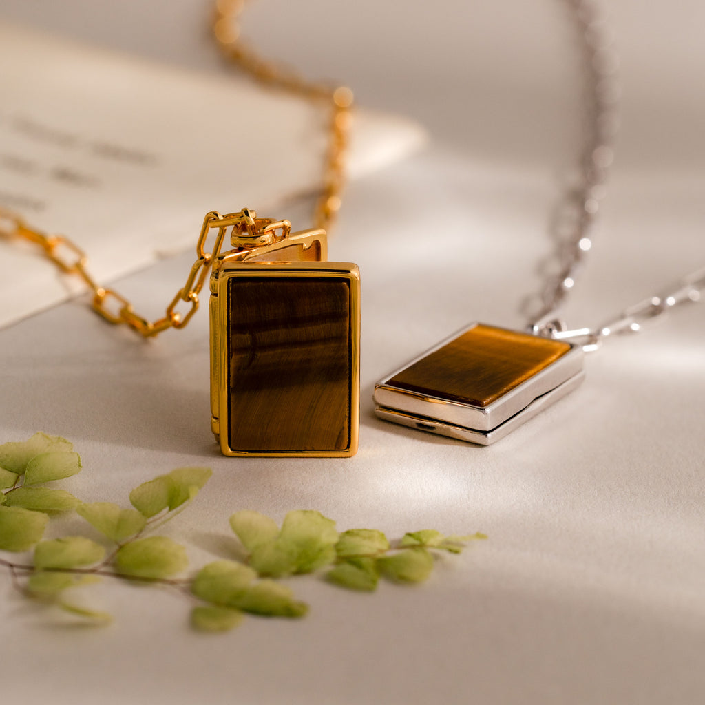 Tiger's Eye Locket Necklace in 18K Gold