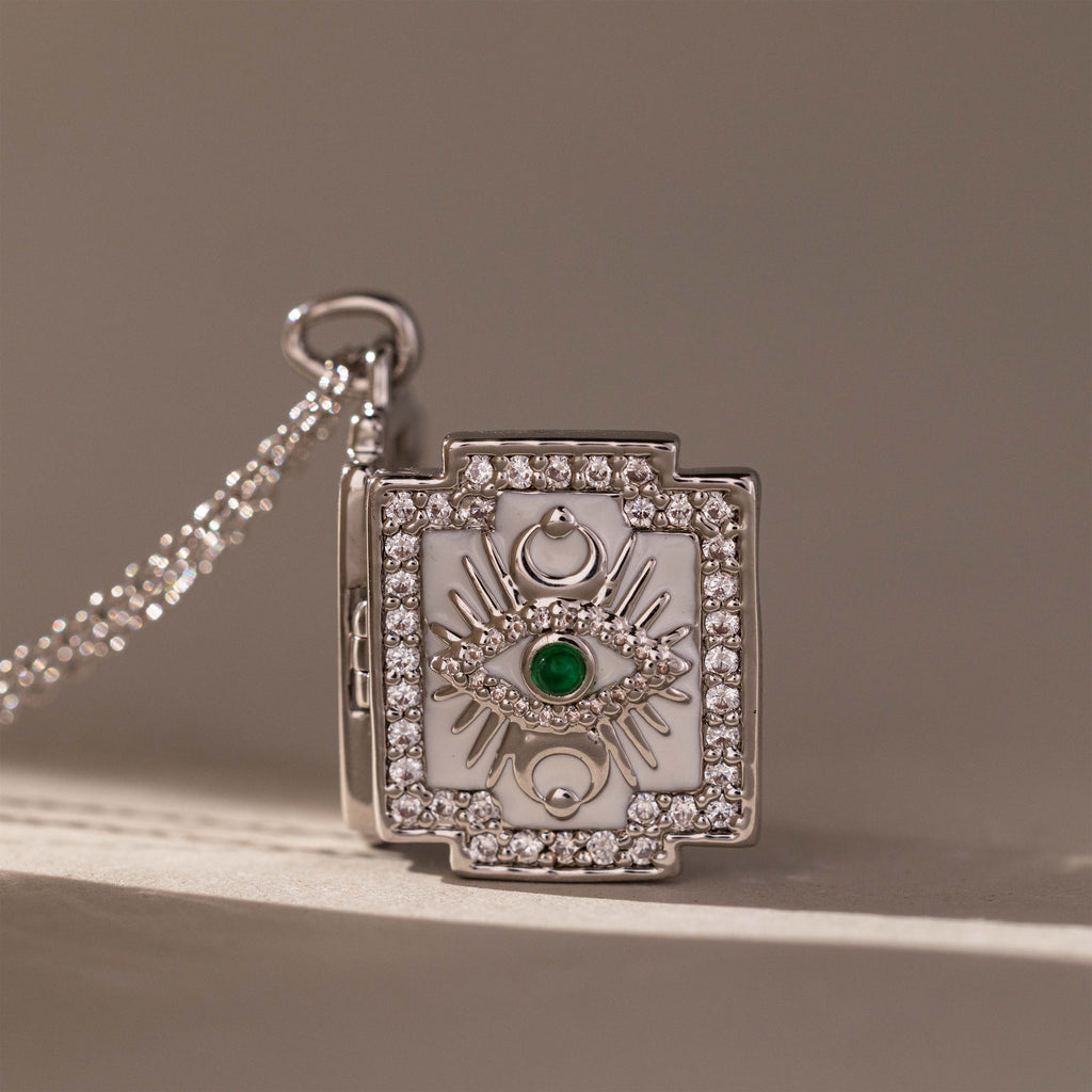 Pave Evil Eye Locket Necklace in Silver