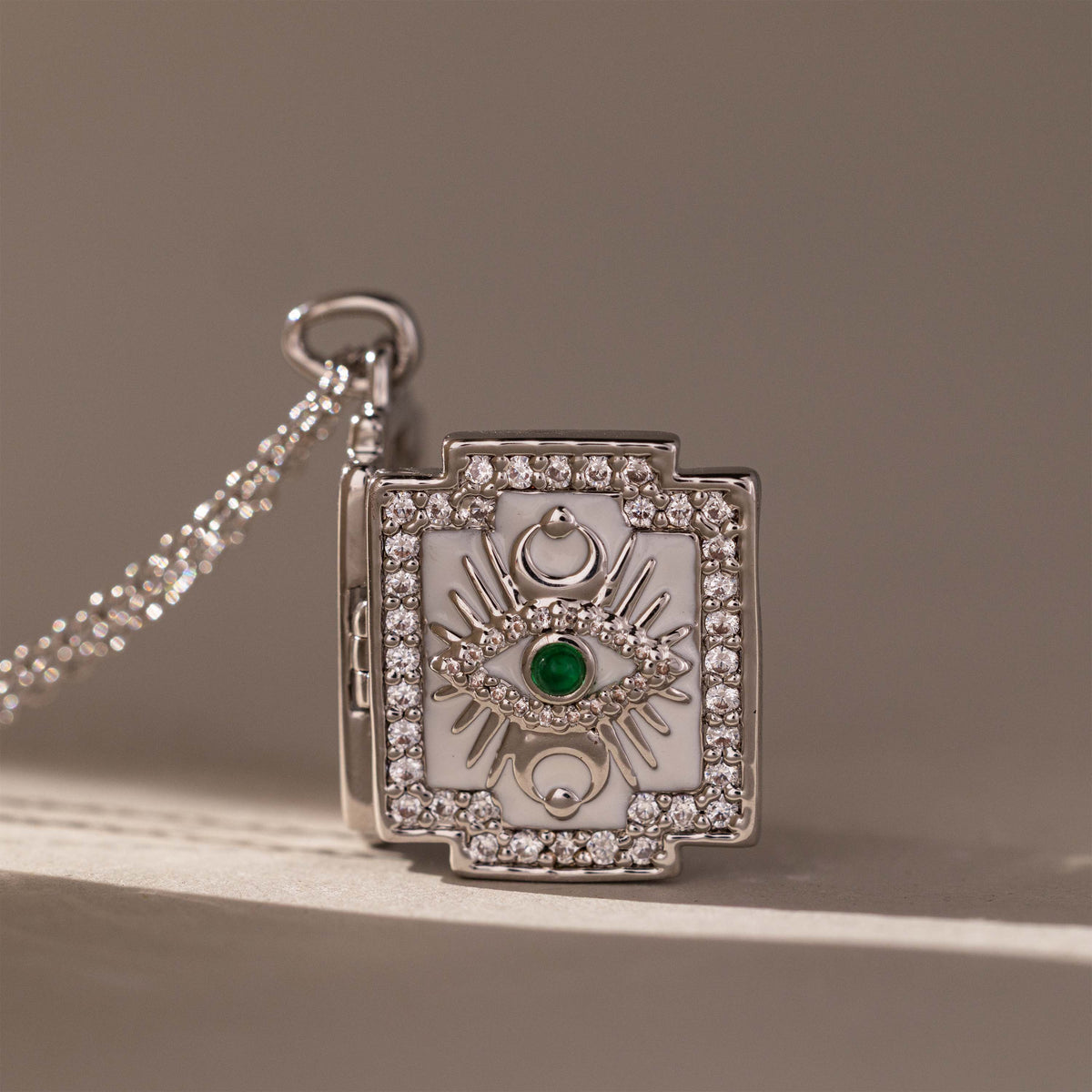 Pave Evil Eye Locket Necklace in Silver