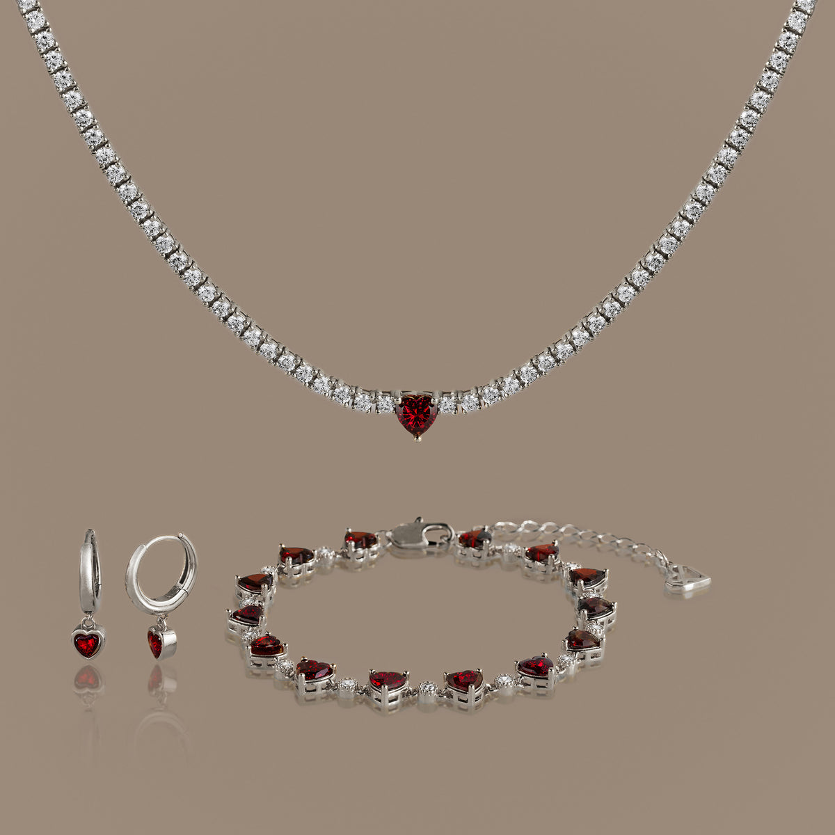 Garnet Diamond Heart Jewelry Set in Silver