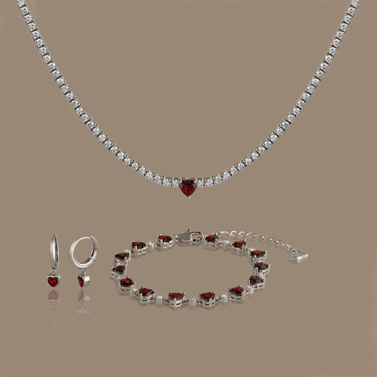 Garnet Diamond Heart Jewelry Set in Silver