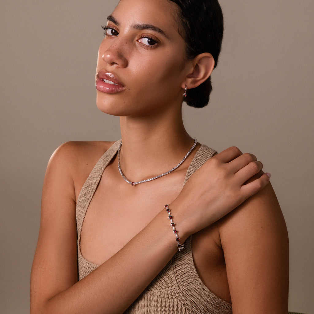 Garnet Diamond Heart Jewelry Set in Silver
