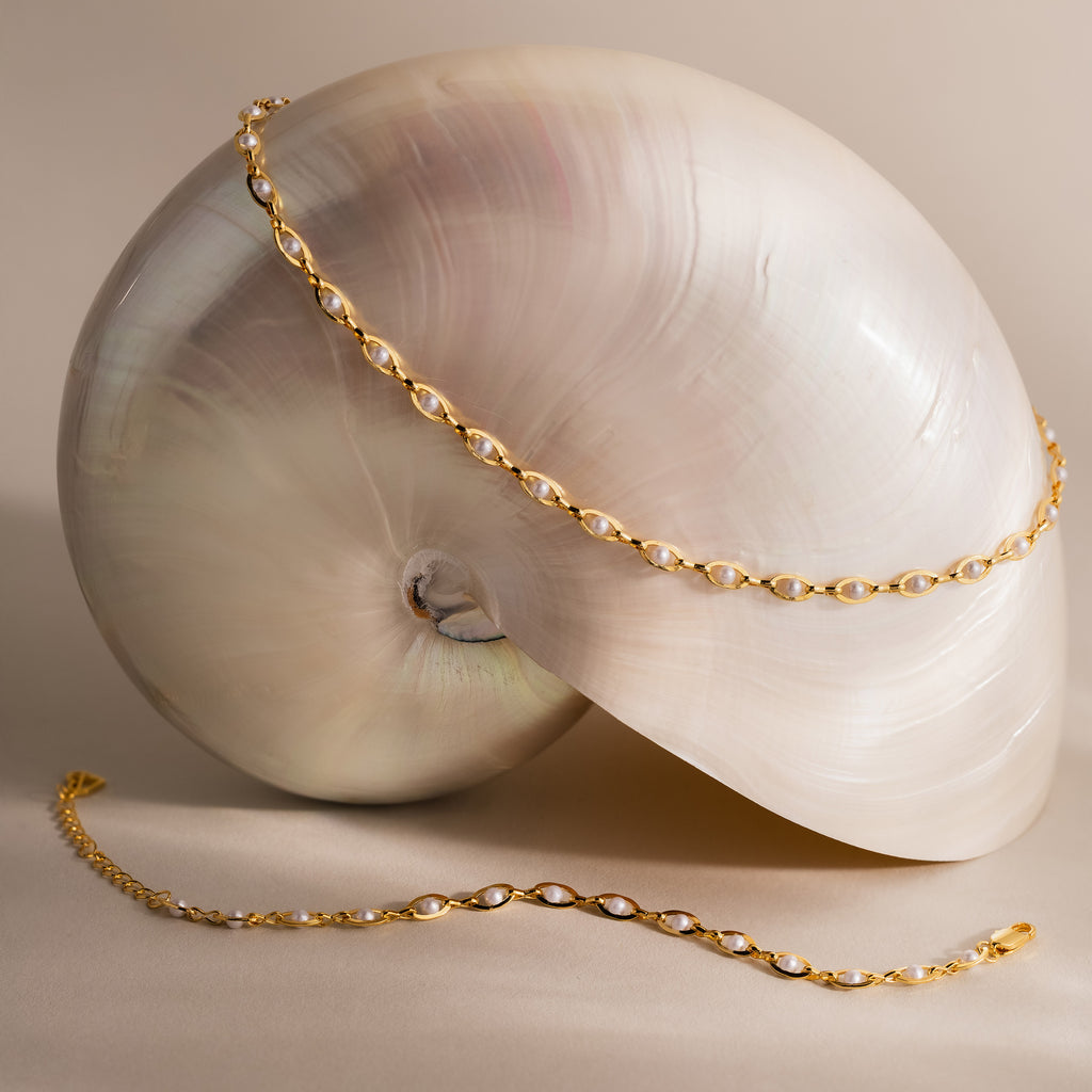 Eternity Pearl Necklace & Bracelet Set in 18K Gold