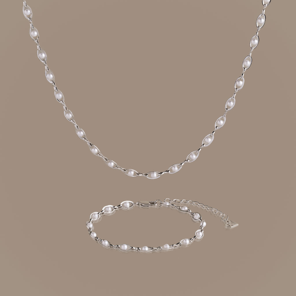 Eternity Pearl Necklace & Bracelet Set in Silver
