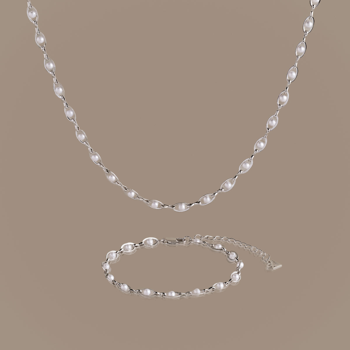 Eternity Pearl Necklace & Bracelet Set in Silver