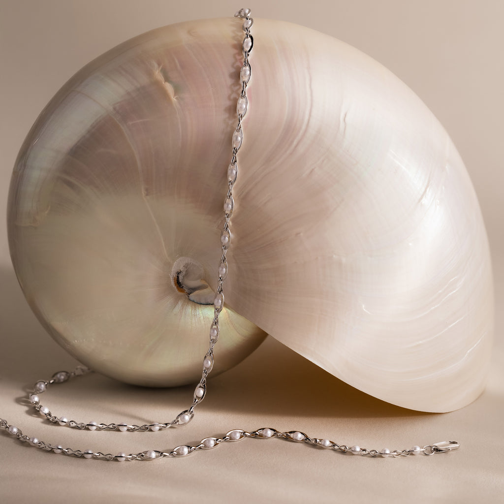 Eternity Pearl Necklace & Bracelet Set in Silver