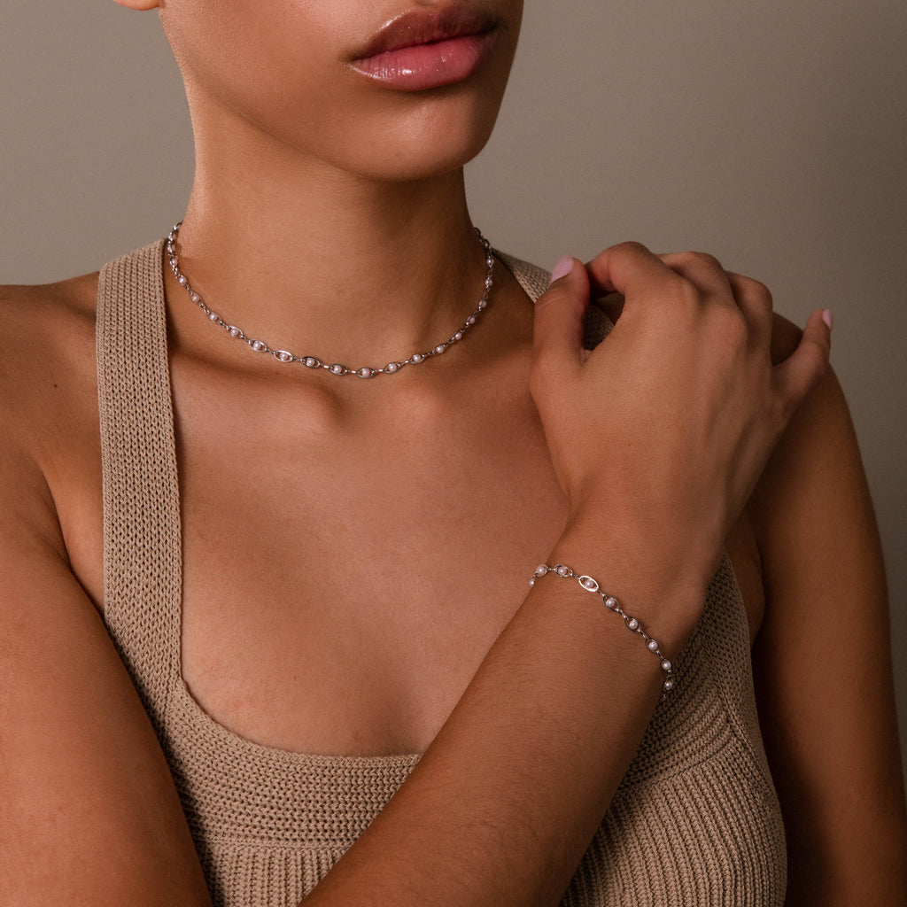 Eternity Pearl Necklace & Bracelet Set in Silver