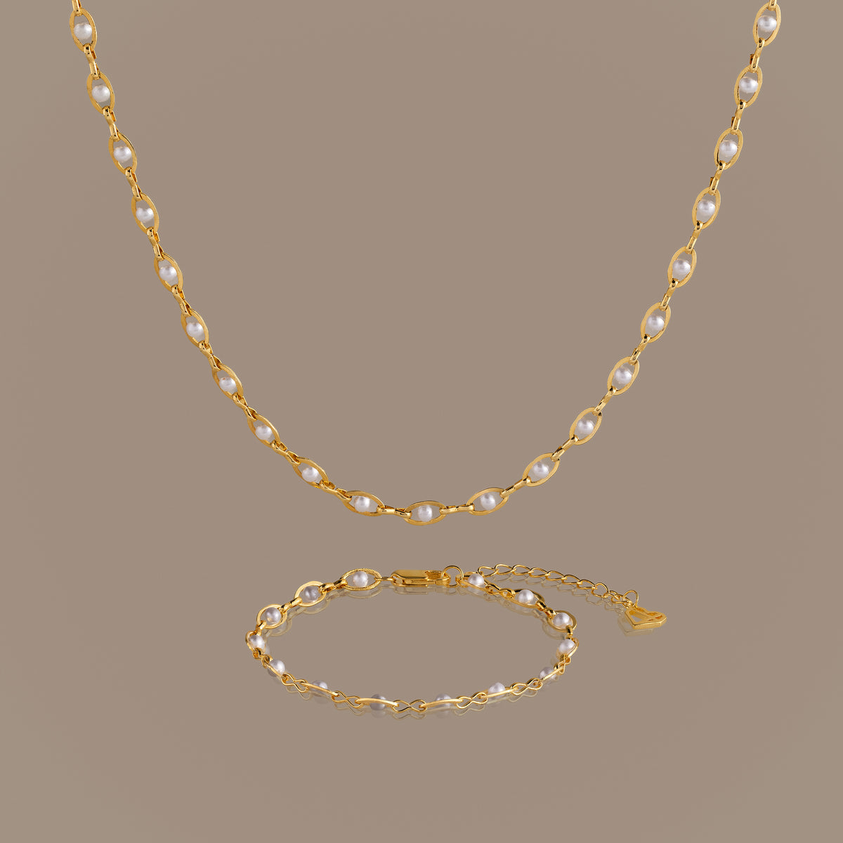 Eternity Pearl Necklace & Bracelet Set in 18K Gold