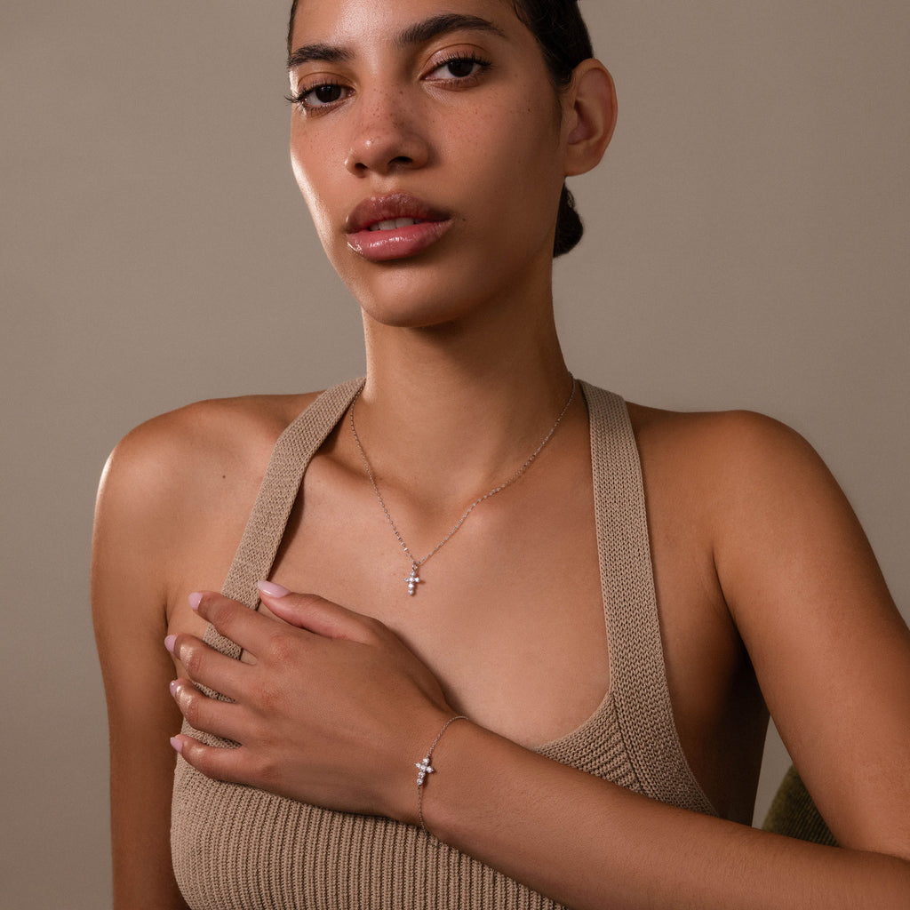 Diamond Cross Necklace & Bracelet Set in Silver