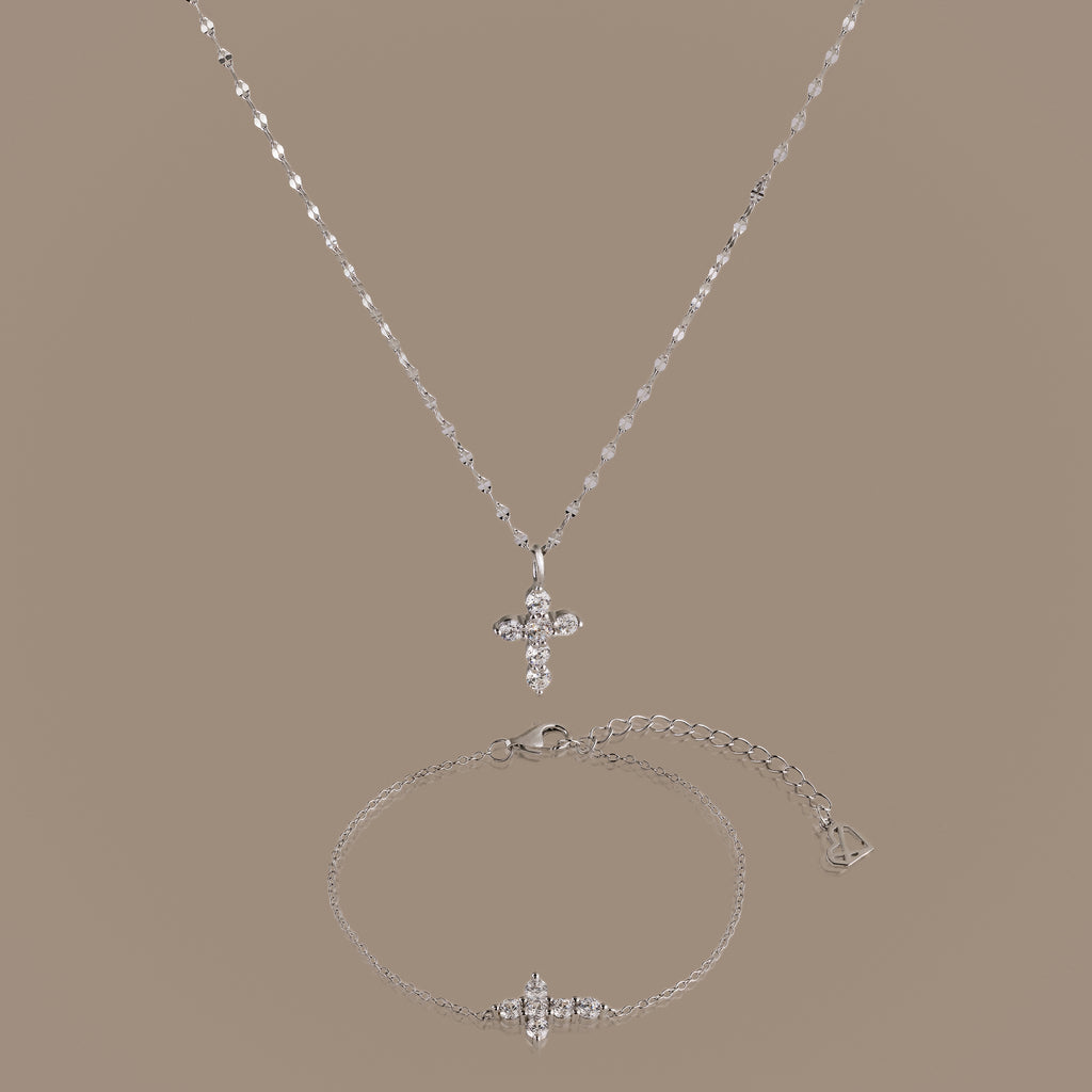 Diamond Cross Necklace & Bracelet Set in Silver