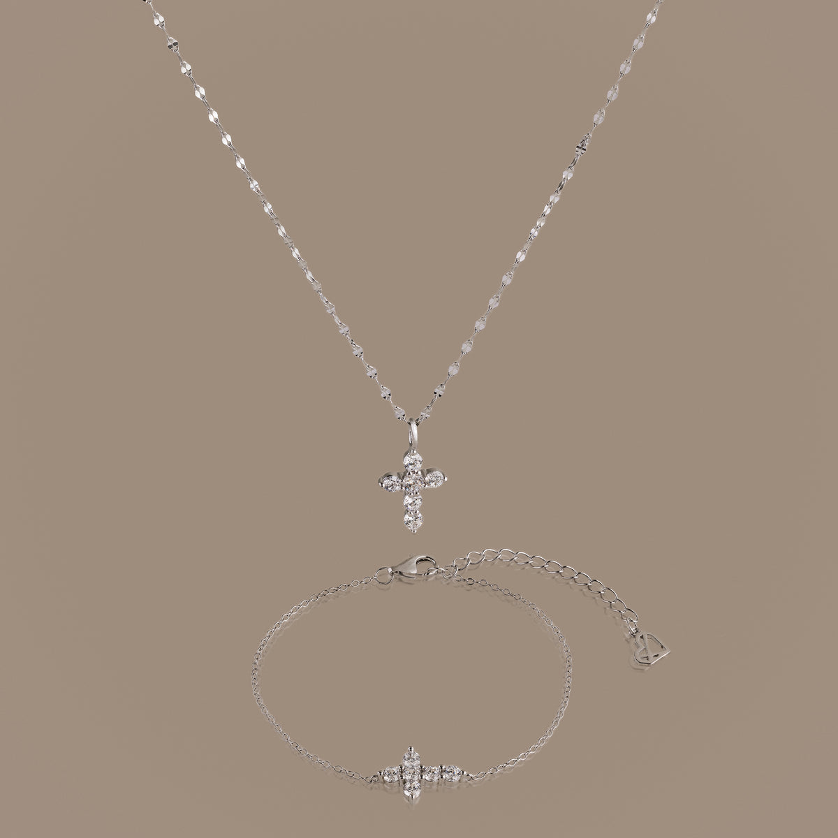 Diamond Cross Necklace & Bracelet Set in Silver