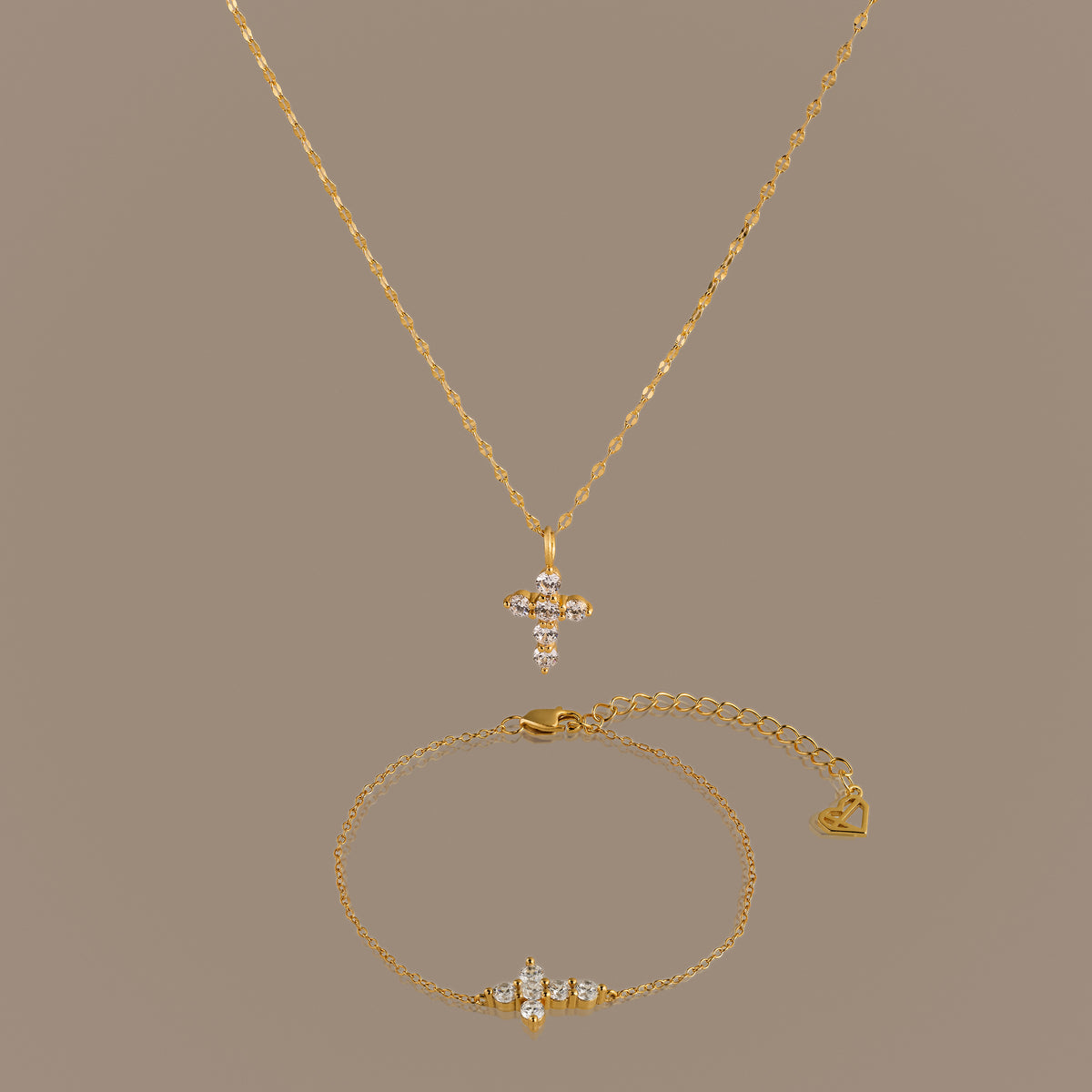 Diamond Cross Necklace & Bracelet Set in 18K Gold