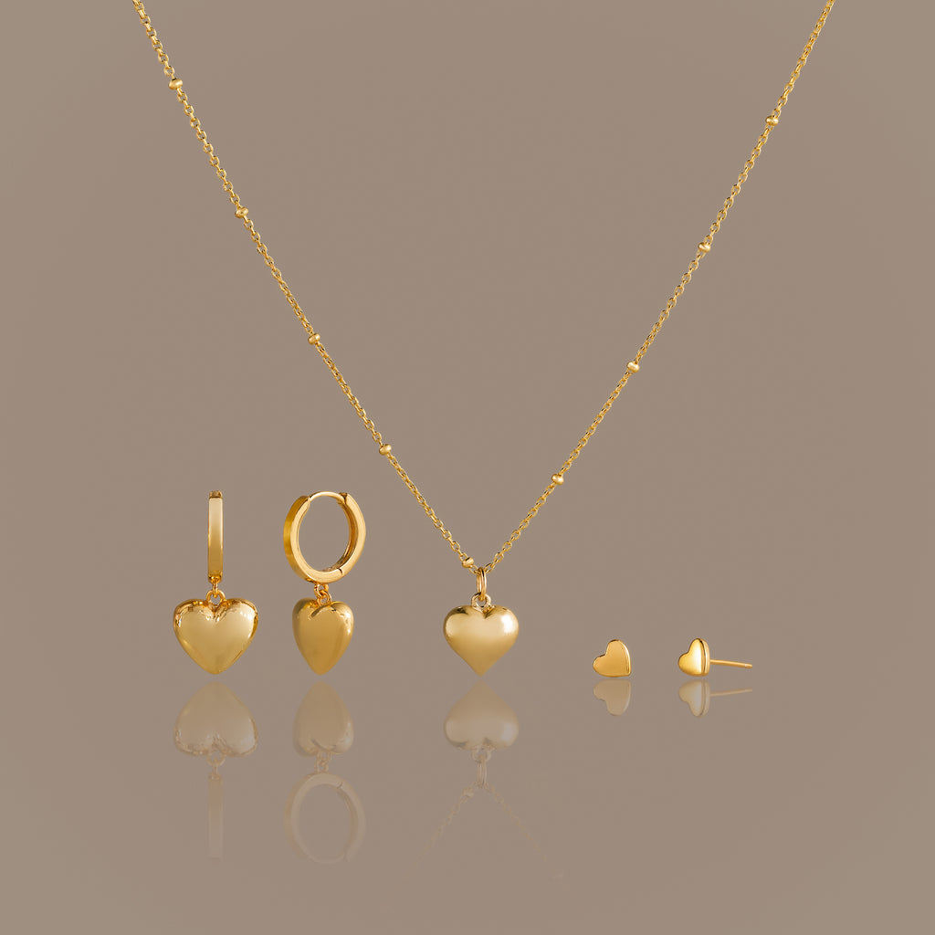 Puff Heart Jewelry Set in 18K Gold