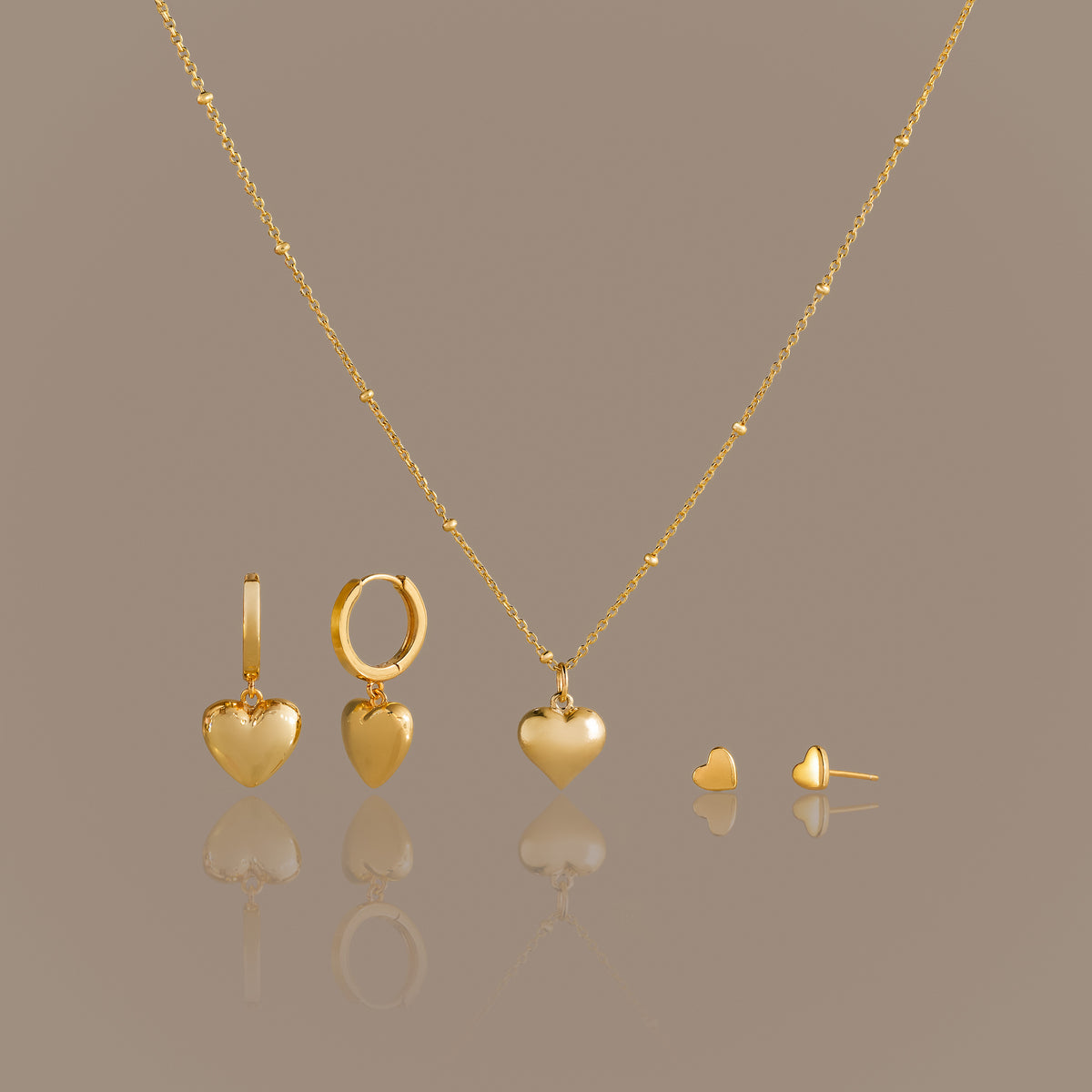 Puff Heart Jewelry Set in 18K Gold
