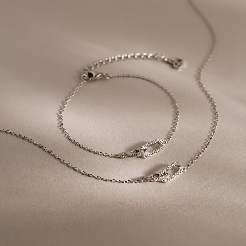 Pave Linked Necklace & Bracelet Set in Silver