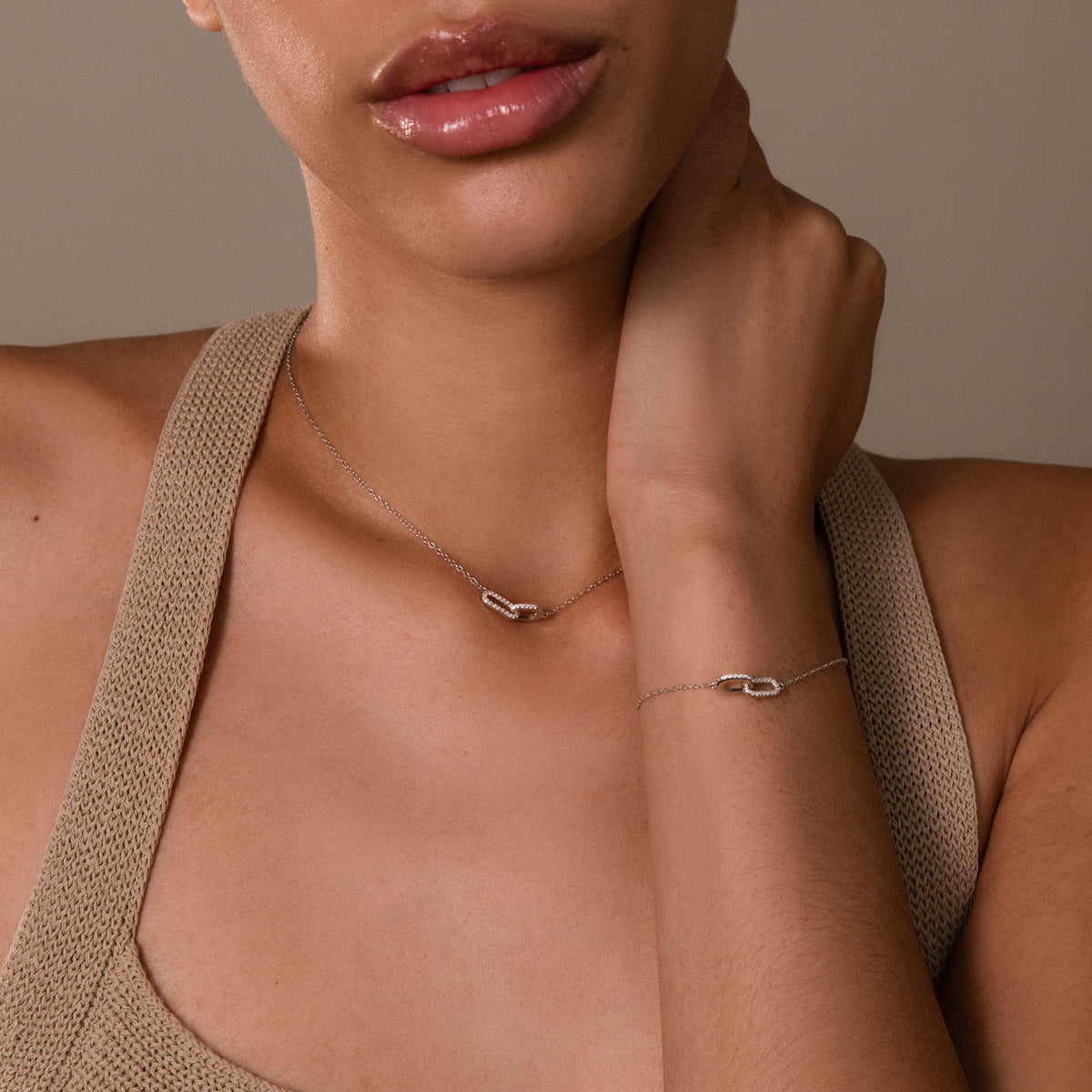Pave Linked Necklace & Bracelet Set in Silver