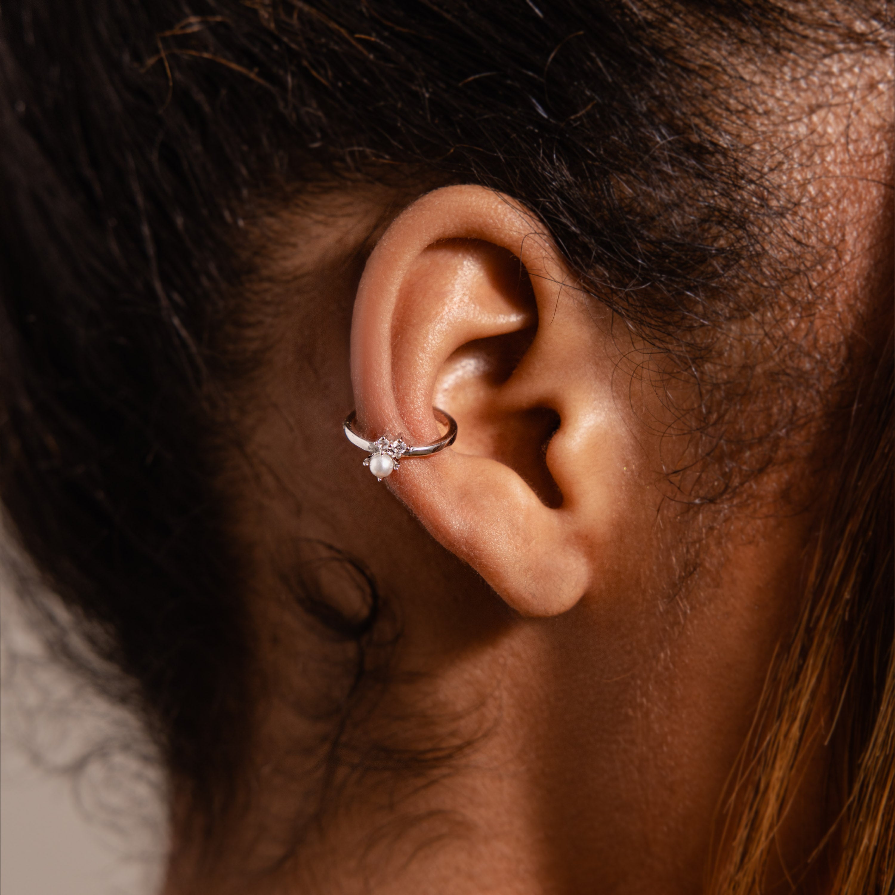 Pearl Diamond Ear Cuffs in Silver
