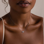 A woman wears the Opal Eye Necklace in Silver, featuring a delicate blue opal pendant, shown from shoulders to chin.