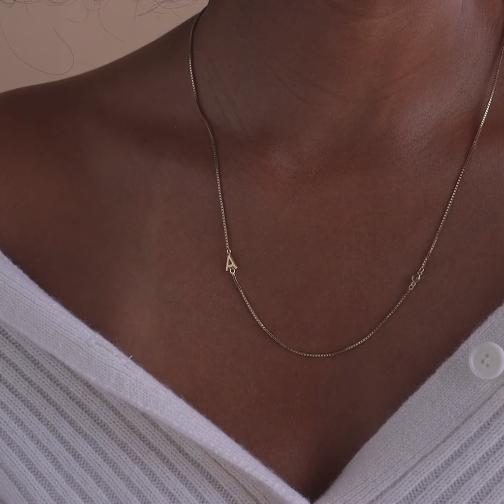 Birthstone Initial Necklace in Box Chain