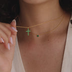 Pave Emerald Cross Necklace in Silver