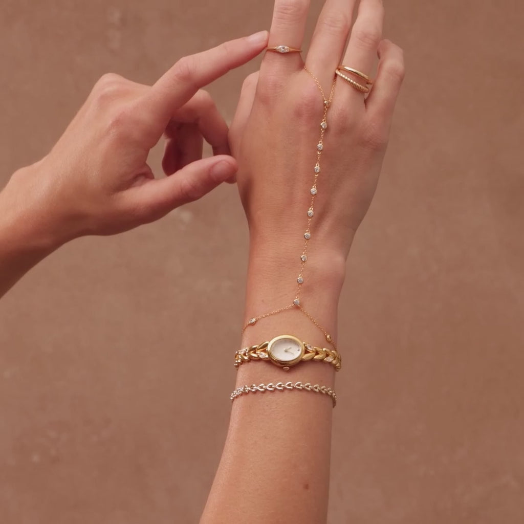 Beaded Diamond Hand Chain Bracelet in Silver