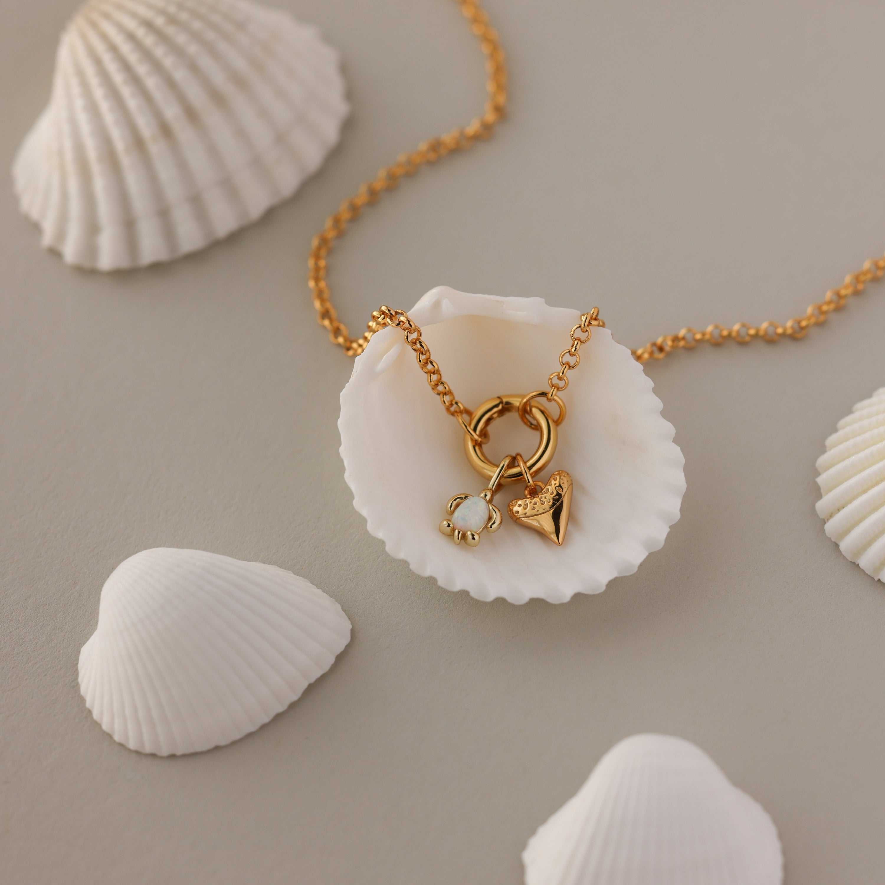 Opal Sea Turtle Charm in 18K Gold displayed inside a white seashell, surrounded by others—perfect for an ocean-inspired or seaside look.