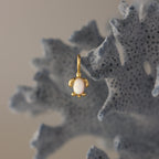The Opal Sea Turtle Charm in 18K Gold, featuring a white stone and turtle design, hangs on textured blue coral for an ocean-inspired accent.