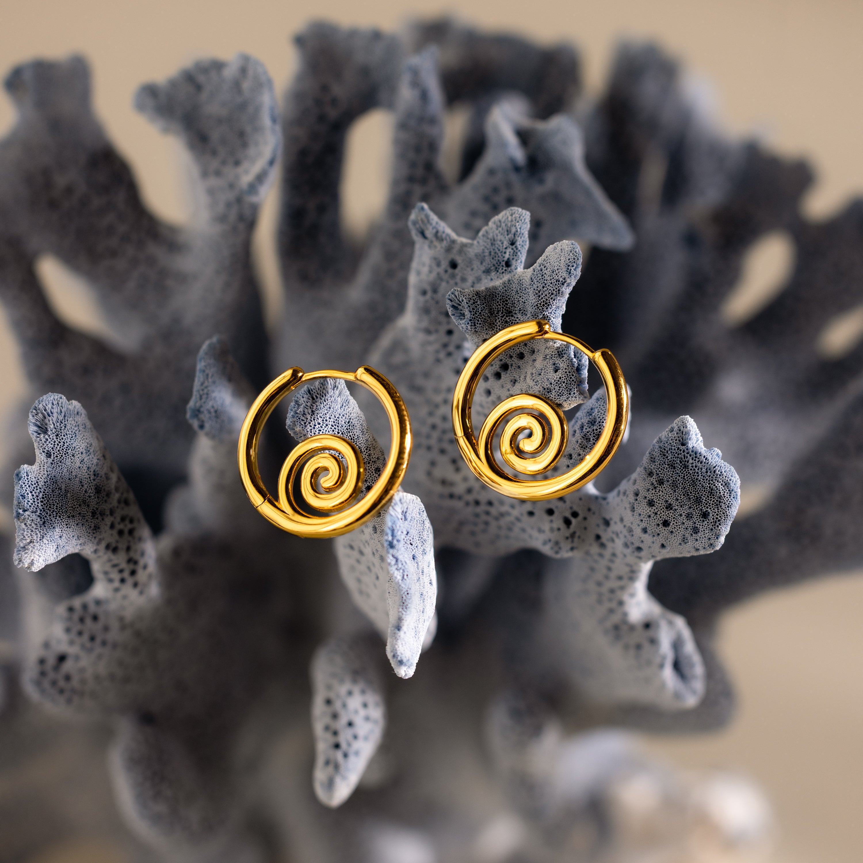 Spiral Swirl Hoops displayed on textured grey coral with a soft, neutral background—ideal beachy earrings to enhance your boho vacation look.
