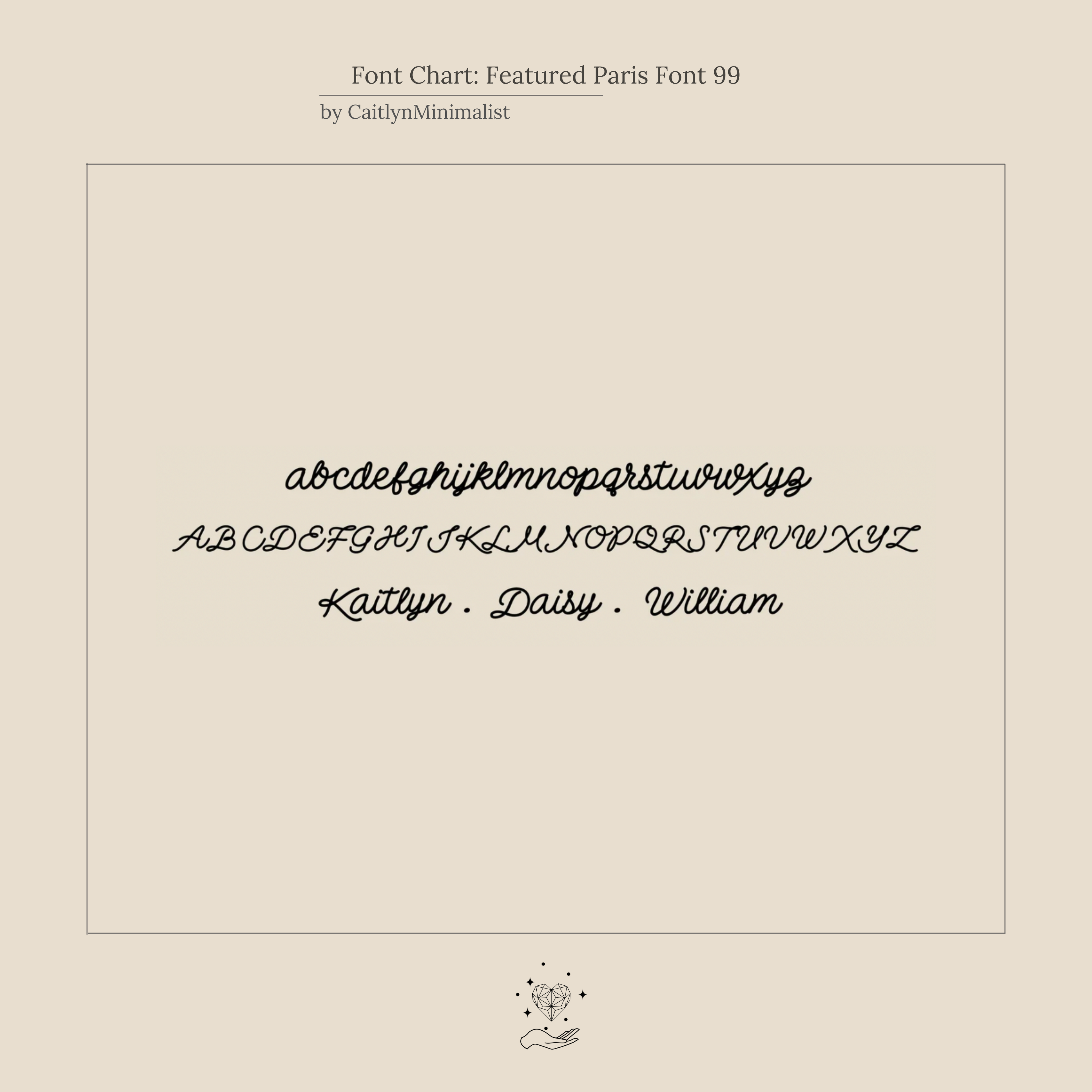 A font chart shows cursive upper- and lowercase letters in the Parisian font with sample names like Kaitlyn, Daisy, and William—ideal for designing your custom Tiny Paris Name Necklace.