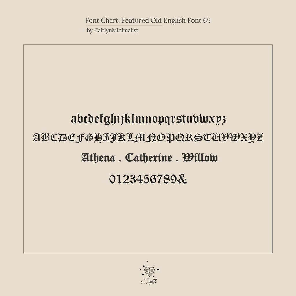 Chart featuring the Old English Name Necklace in Curb Chain’s signature ornate font, with alphabet, name samples, and numbers—ideal for customizing a classic curb chain necklace with your personalized name or charm.