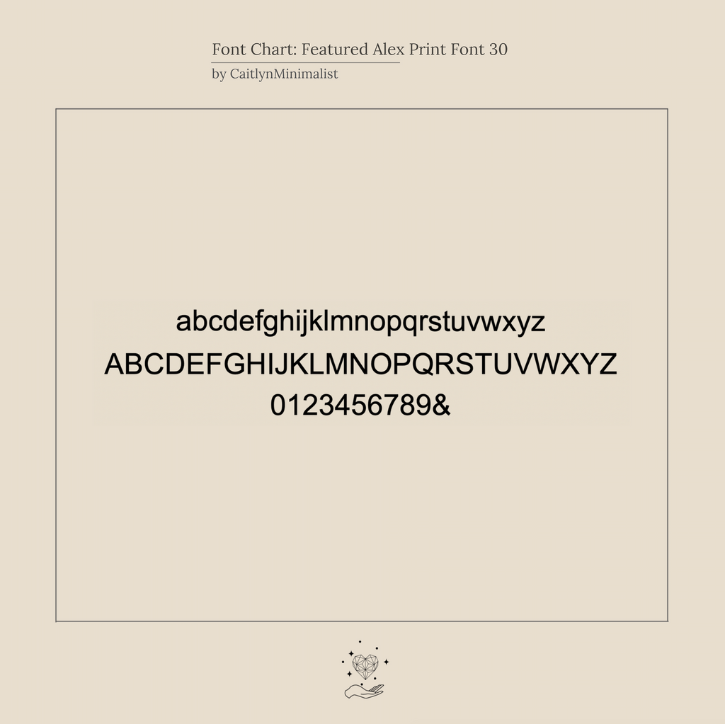 Minimalist font chart featuring Alex Print 30 with uppercase, lowercase letters, and numbers in black—ideal for personalizing the Coordinates Band with a meaningful memory.