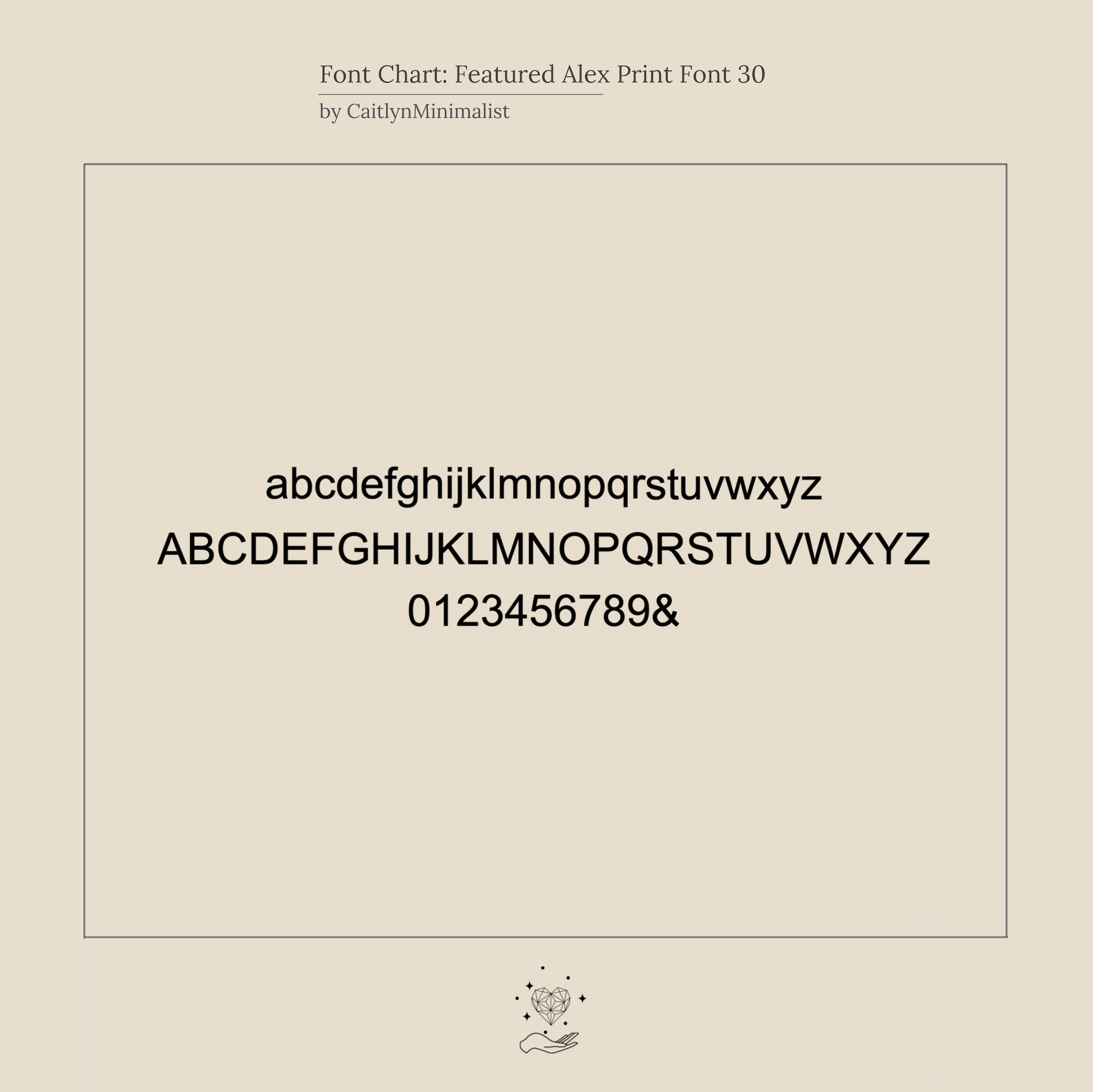 Minimalist font chart featuring Alex Print 30 with uppercase, lowercase letters, and numbers in black—ideal for personalizing the Coordinates Band with a meaningful memory.