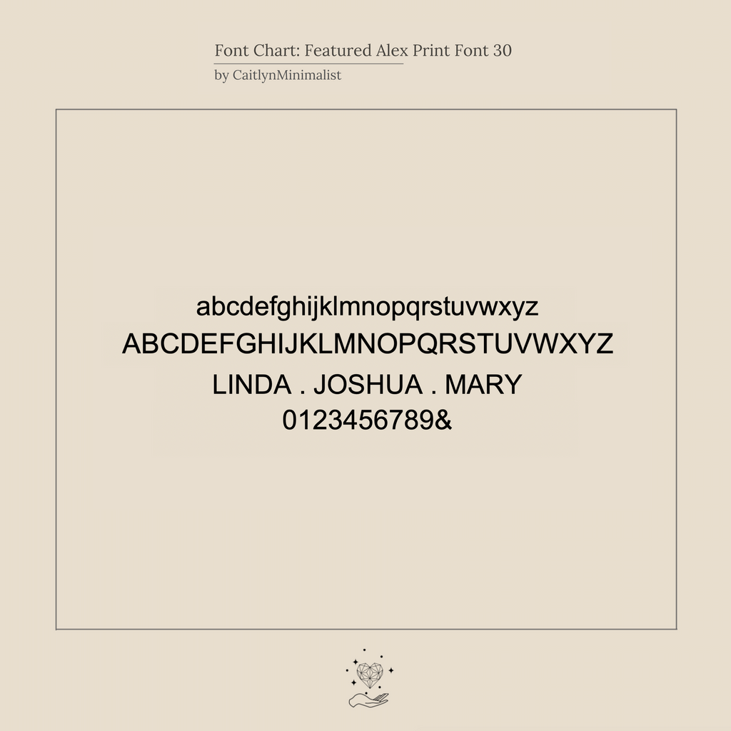 Sample of Alex Print font featuring uppercase, lowercase letters, numbers, and names on a light beige background—ideal for custom engraved jewelry like the Interlocking Family Necklace.