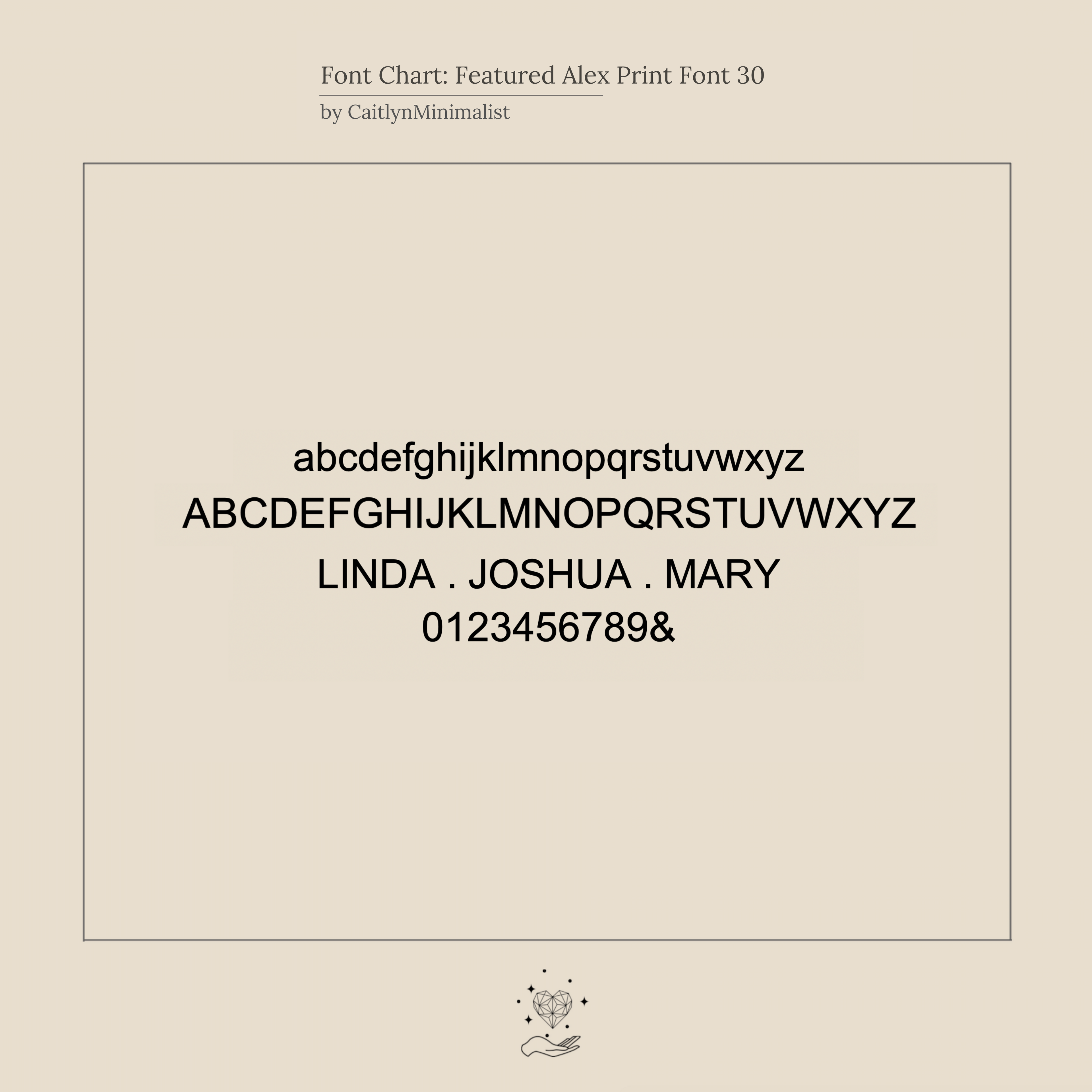 Sample of Alex Print font featuring uppercase, lowercase letters, numbers, and names on a light beige background—ideal for custom engraved jewelry like the Interlocking Family Necklace.