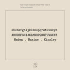 Font chart showing lowercase and uppercase alphabets, plus sample names Haden, Maxine, Kinsley in Arthur Print font—ideal for customizing your Stacking Name Band with a personalized or stackable ring style.