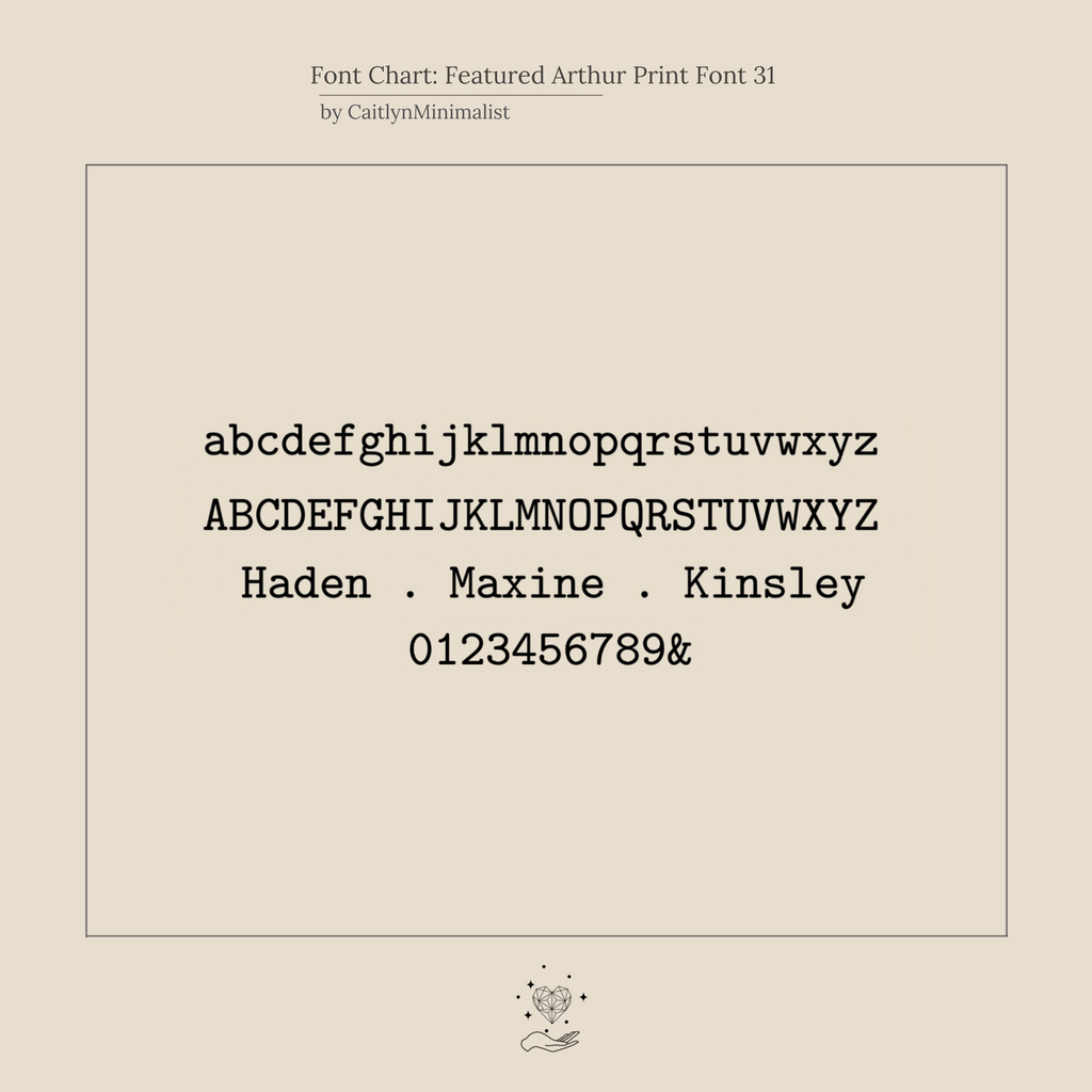 A font chart displays uppercase, lowercase, numbers, symbols, and sample names in a serif typeface—perfect for customizing the Mothers Birthstone Ring with unique engravings alongside personalized gemstones.