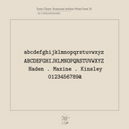 A font chart displays uppercase, lowercase, numbers, symbols, and sample names in a serif typeface—perfect for customizing the Mothers Birthstone Ring with unique engravings alongside personalized gemstones.