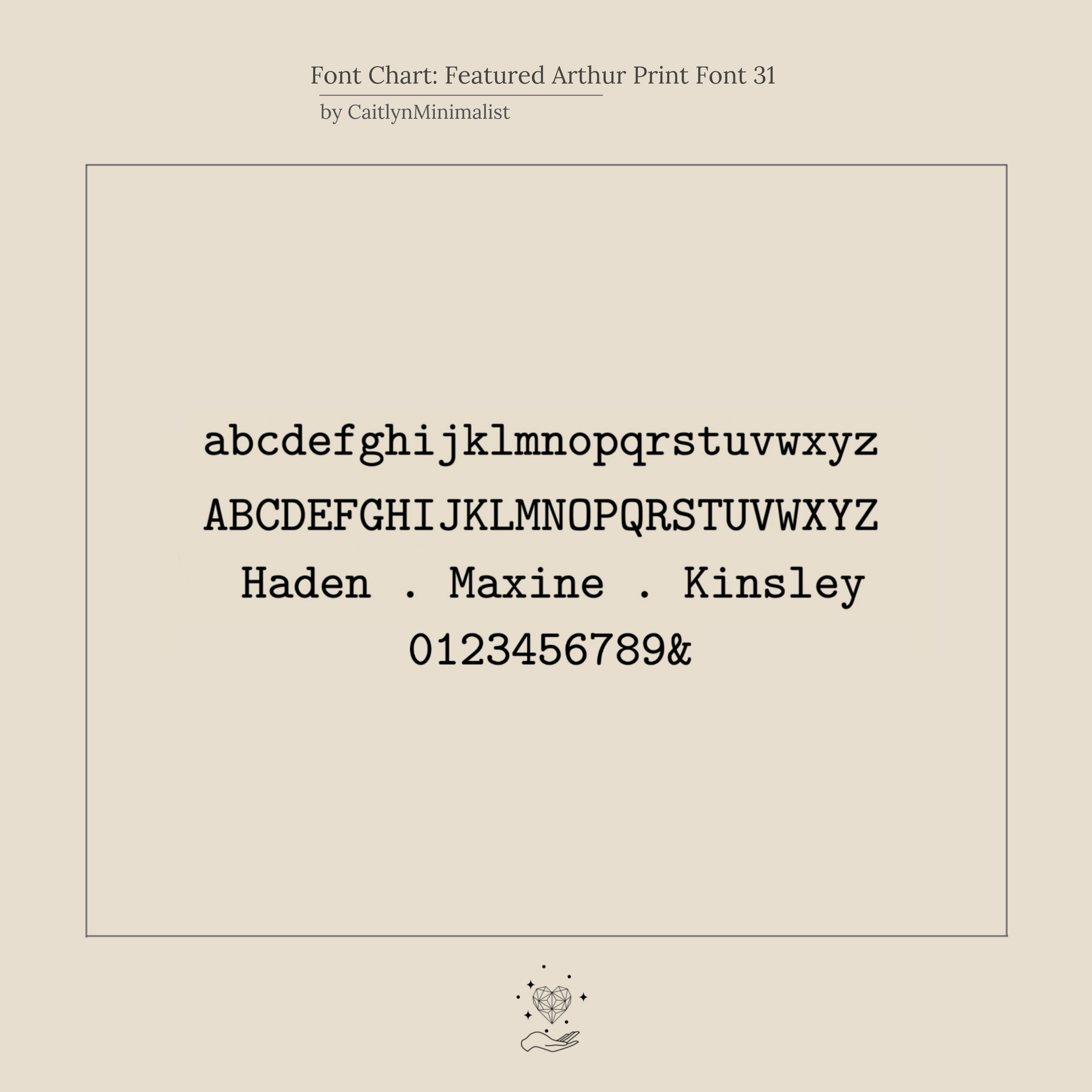 A font chart displays uppercase, lowercase, numbers, symbols, and sample names in a serif typeface—perfect for customizing the Mothers Birthstone Ring with unique engravings alongside personalized gemstones.